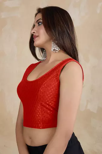 Trendmalls Cotton Lycra Stretchable Comfy Round Neck Elbow Sleeves Saree Blouse Readymade