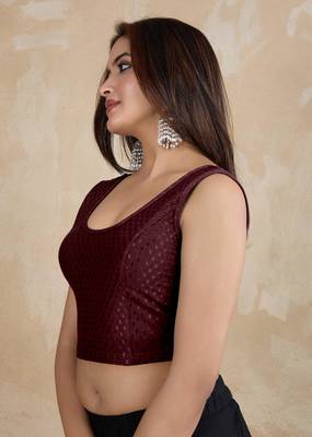 Trendmalls Cotton Lycra Stretchable Comfy Round Neck Elbow Sleeves Saree Blouse Readymade 3