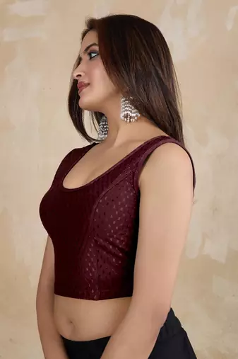 Trendmalls Cotton Lycra Stretchable Comfy Round Neck Elbow Sleeves Saree Blouse Readymade