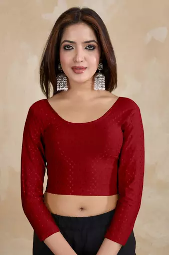 Cotton Lycra Stretchable Comfy Round Neck Elbow Sleeves Saree Blouse Readymade