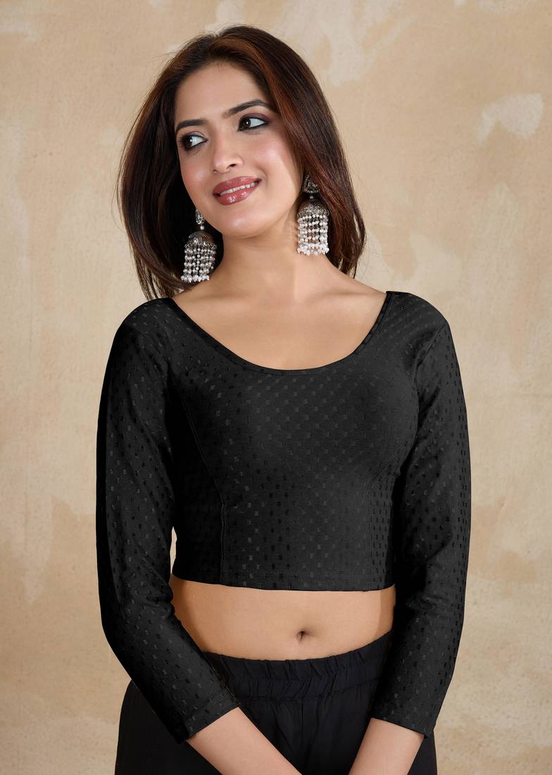 Cotton Lycra Stretchable Comfy Round Neck Elbow Sleeves Saree Blouse Readymade