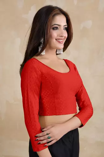 Trendmalls Cotton Lycra Stretchable Comfy Round Neck Elbow Sleeves Saree Blouse Readymade