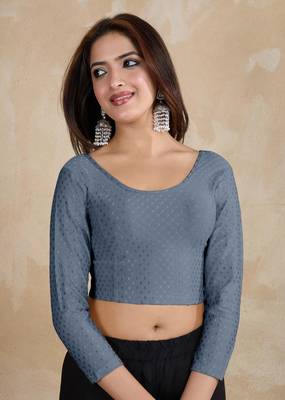 Trendmalls Cotton Lycra Stretchable Comfy Round Neck Elbow Sleeves Saree Blouse Readymade 5