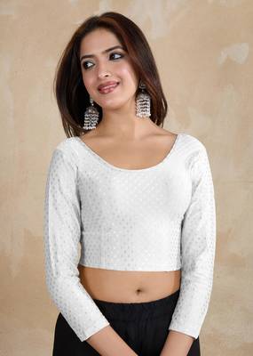 Trendmalls Cotton Lycra Stretchable Comfy Round Neck Elbow Sleeves Saree Blouse Readymade 5
