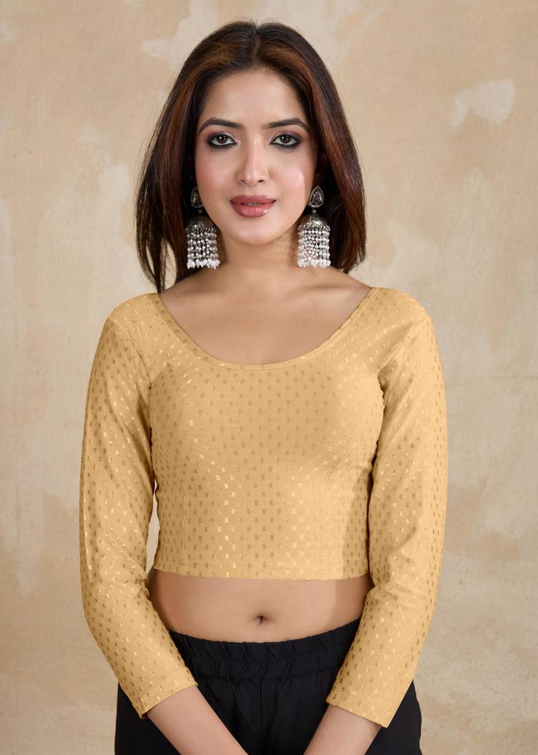 Cotton Lycra Stretchable Comfy Round Neck Elbow Sleeves Saree Blouse Readymade