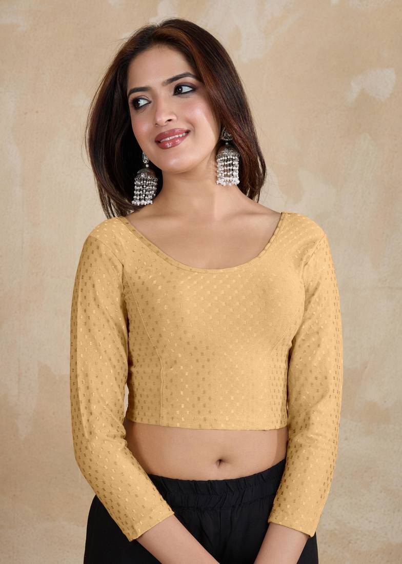 Cotton Lycra Stretchable Comfy Round Neck Elbow Sleeves Saree Blouse Readymade