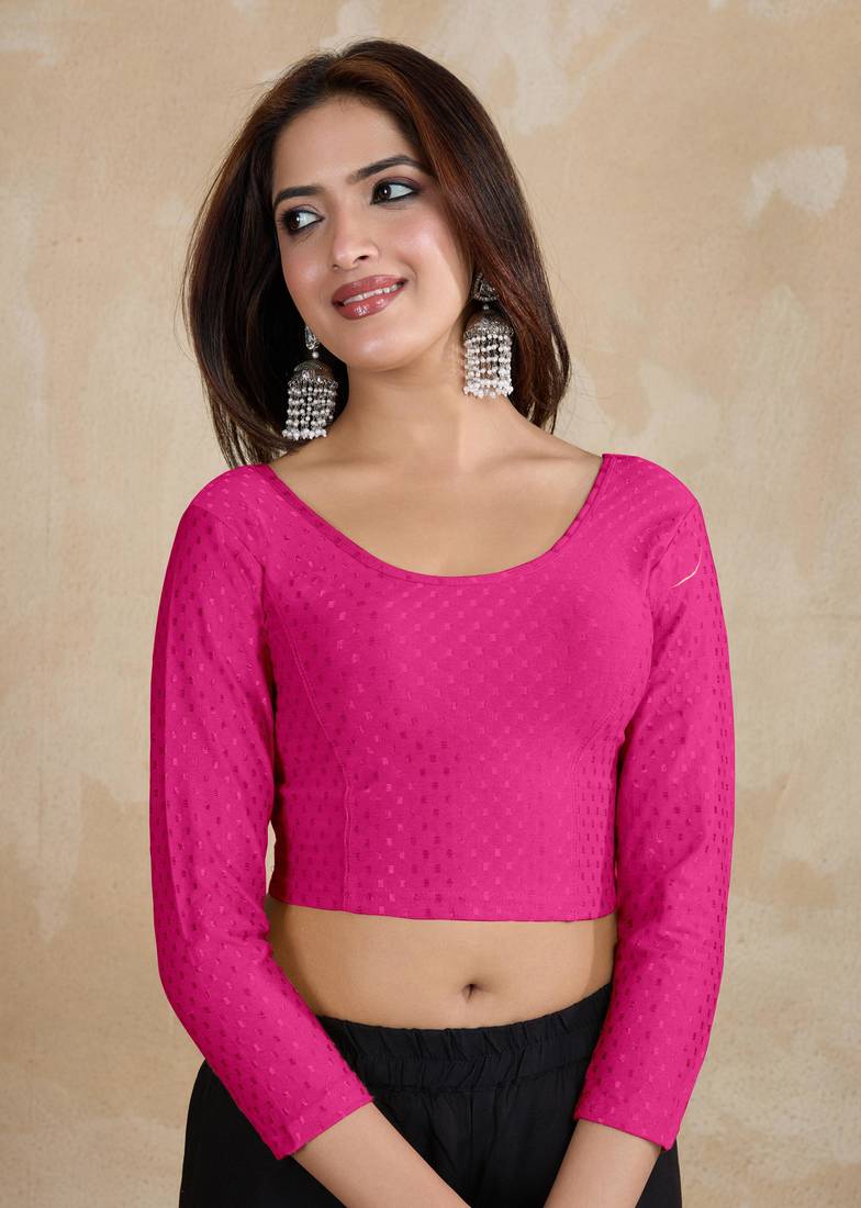 Cotton Lycra Stretchable Comfy Round Neck Elbow Sleeves Saree Blouse Readymade