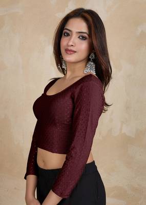 Trendmalls Cotton Lycra Stretchable Comfy Round Neck Elbow Sleeves Saree Blouse Readymade 3