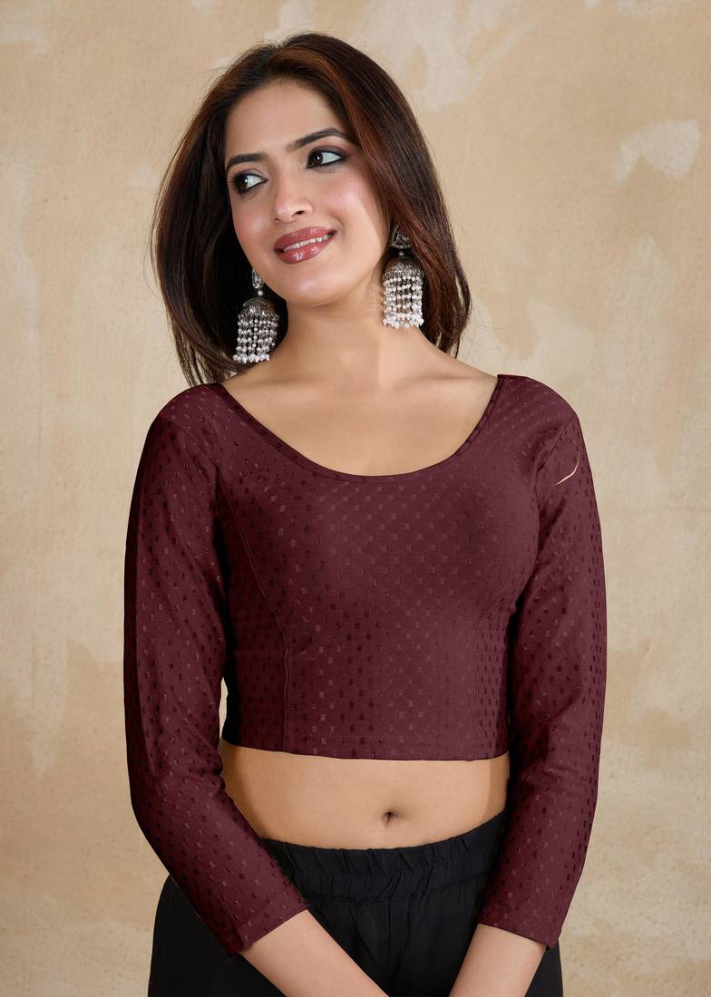 Cotton Lycra Stretchable Comfy Round Neck Elbow Sleeves Saree Blouse Readymade