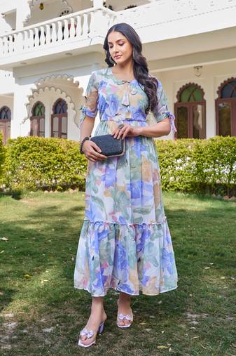 blue floral printed flared georgette long dress