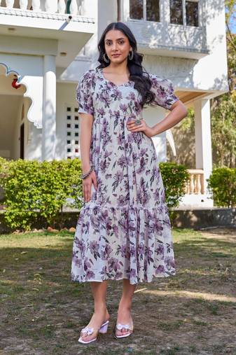 white and purple floral printed flared georgette long dress