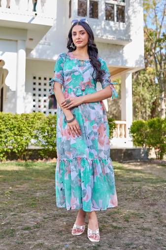 green floral printed flared georgette long dress
