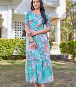 green floral printed flared georgette long dress