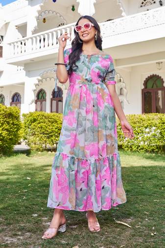 pink floral printed flared georgette long dress