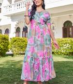 pink floral printed flared georgette long dress