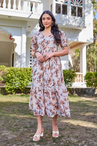white and brown floral printed flared georgette long dress