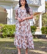 white and brown floral printed flared georgette long dress