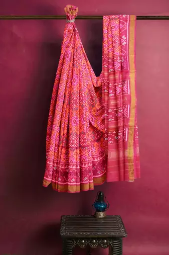 Pink and orange mulberry pure silk single ikkat  saree