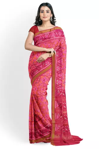 Pink and orange mulberry pure silk single ikkat  saree