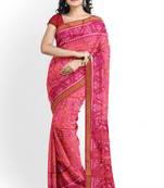 Pink and orange mulberry pure silk single ikkat  saree