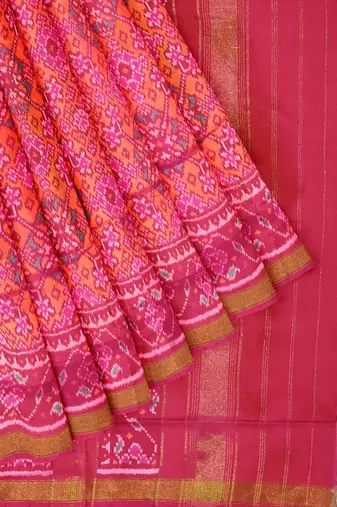 Pink and orange mulberry pure silk single ikkat  saree