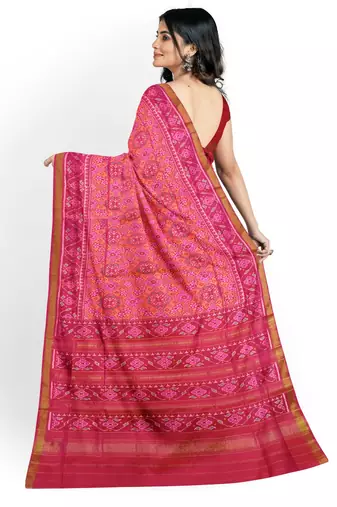Pink and orange mulberry pure silk single ikkat  saree