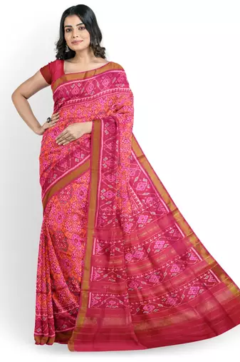 Pink and orange mulberry pure silk single ikkat  saree