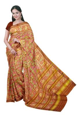Orange and pink mulberry pure silk single ikkat  saree 1