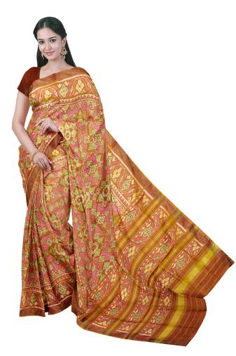 Orange and pink mulberry pure silk single ikkat  saree