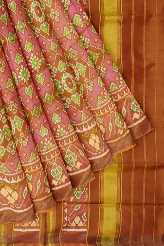 Orange and pink mulberry pure silk single ikkat  saree