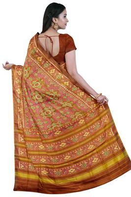 Orange and pink mulberry pure silk single ikkat  saree 4