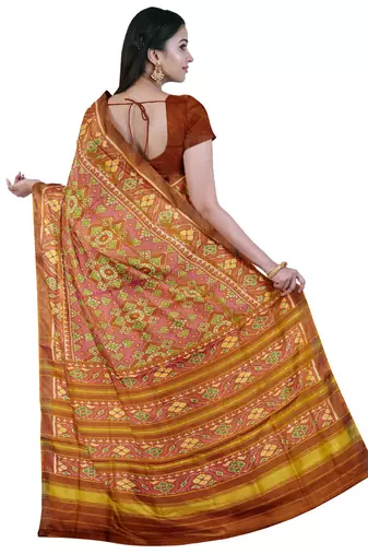 Orange and pink mulberry pure silk single ikkat  saree