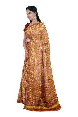 Orange and pink mulberry pure silk single ikkat  saree 5