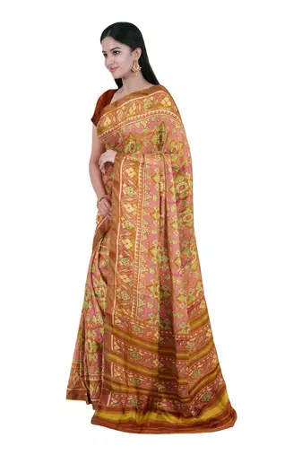 Orange and pink mulberry pure silk single ikkat  saree