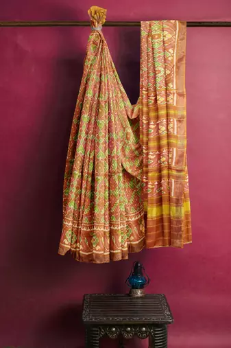 Orange and pink mulberry pure silk single ikkat  saree