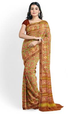 Orange and pink mulberry pure silk single ikkat  saree 1