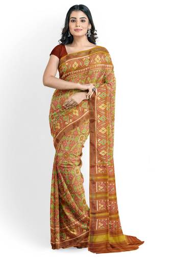 Orange and pink mulberry pure silk single ikkat  saree
