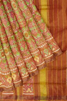 Orange and pink mulberry pure silk single ikkat  saree 3