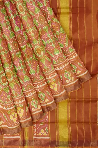 Orange and pink mulberry pure silk single ikkat  saree