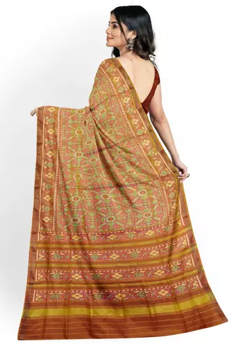 Orange and pink mulberry pure silk single ikkat  saree