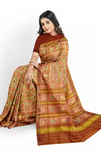 Orange and pink mulberry pure silk single ikkat  saree