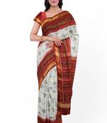 White and red mulberry pure silk single ikkat  saree