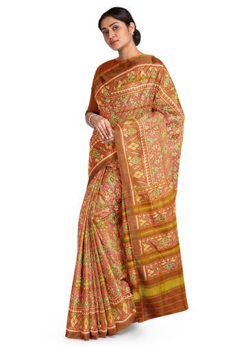Orange and pink mulberry pure silk single ikkat  saree