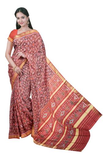 Red mulberry pure silk single ikkat  saree