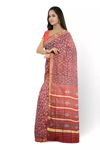 Red mulberry pure silk single ikkat  saree