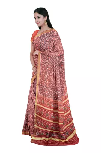 Red mulberry pure silk single ikkat  saree