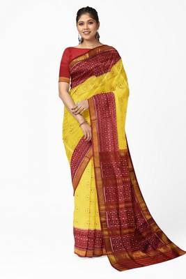 Red and yellow mulberry pure silk single ikkat  saree 1