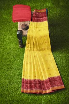 Red and yellow mulberry pure silk single ikkat  saree 3