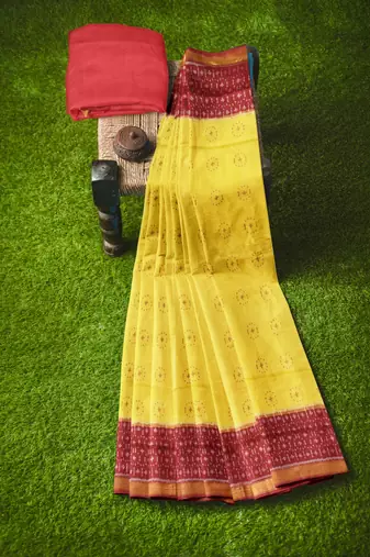 Red and yellow mulberry pure silk single ikkat  saree