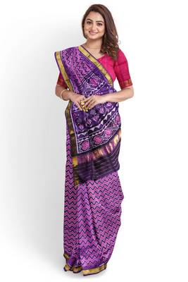 Pink and purple mulberry pure silk single ikkat  saree 1